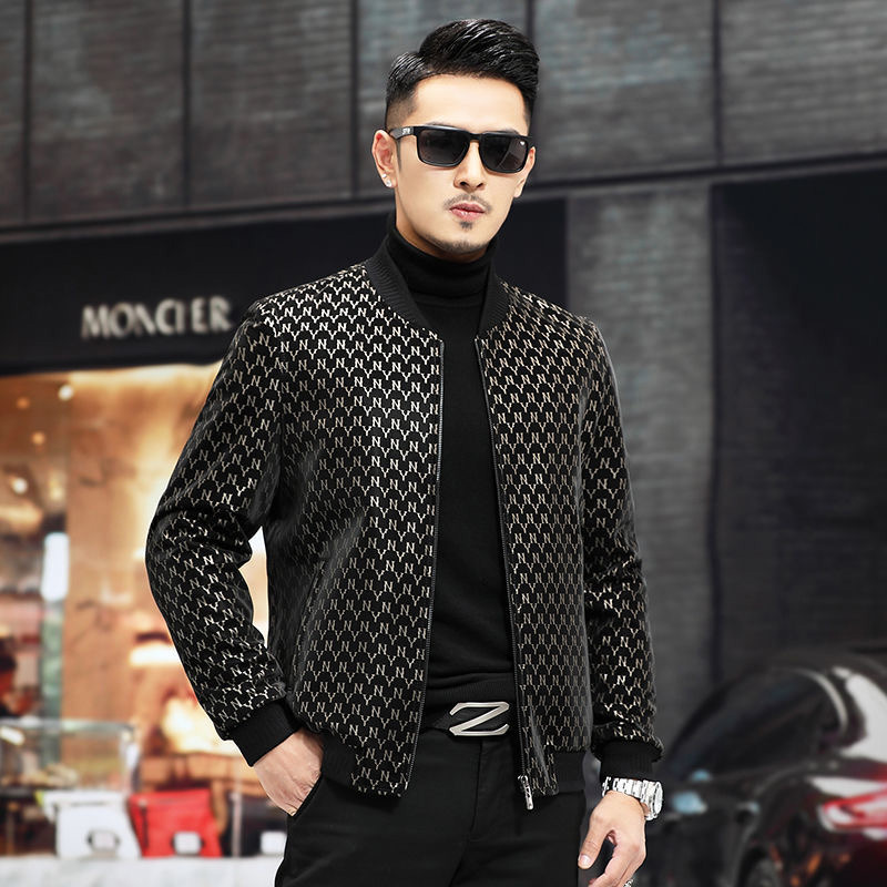 Haining Genuine Leather Men's Short Baseball Jacket Motorcycle Jacket Slim Fit Yn Letter Pattern Zipper Jacket New Spring and Autumn Style