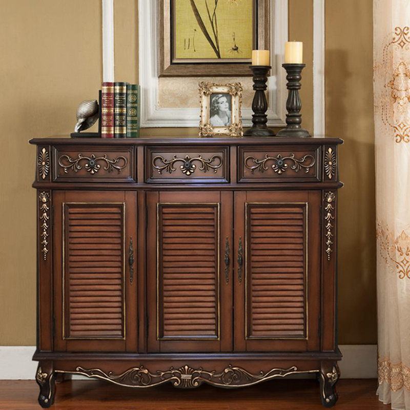 European-style breathable shoe cabinet home entrance door solid wood American louver retro entrance hall cabinet living room furniture