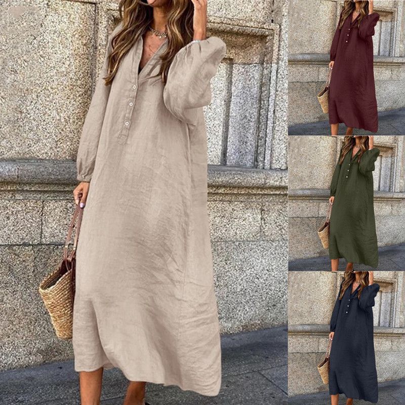 Mid-Length V Neck Long-Sleeved Dress for Women This Spring and Autum New Cotton and Linen Casual Loose Retro Skirt Large Size Mid-Length V Neck Long-Sleeved Dress for Women This Spring and Autum New Cotton and Linen Casual Loose Retro Skirt Large Size