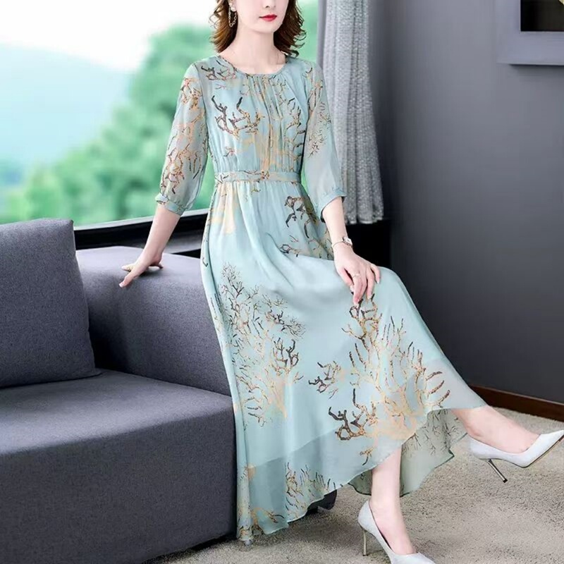 Hueq Silk Dress Summer Style Waist-Cinching Gentle French Mulberry Silk Floral Dress High-End Elegant Long Dress