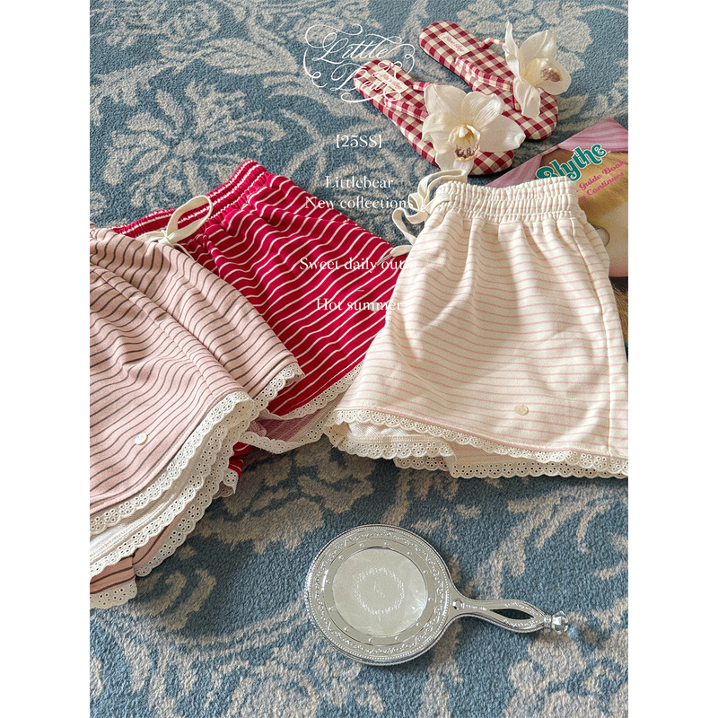 Bear Cub Chicken Nuggets Colorful Invasion Project/Sweet and Versatile Wide-Leg Casual Lace Trim Pink Striped Shorts