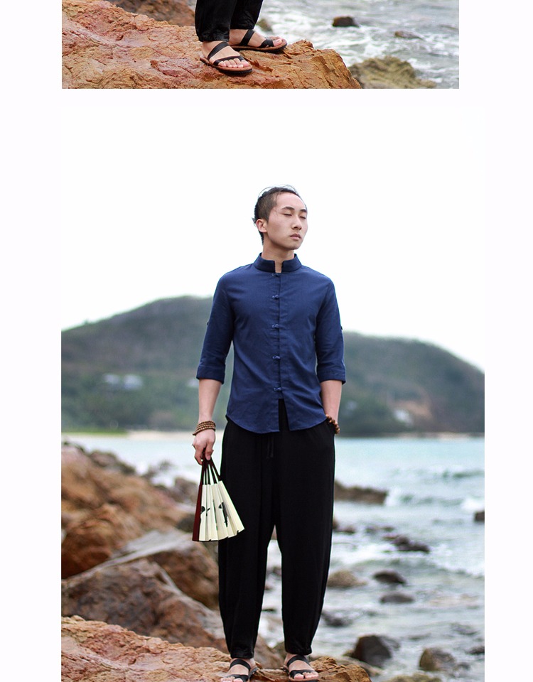 Gốc Trung Quốc phong cách mùa hè của nam giới quần linen loose feet quần cây ra hoa retro treo tập tin quần tây giản dị nam