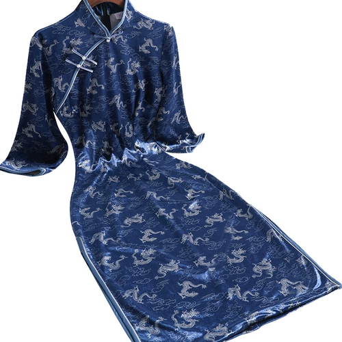 Бархатное демисезонное ципао, элегантное ретро платье, 2020 года, китайский стиль, длина миди