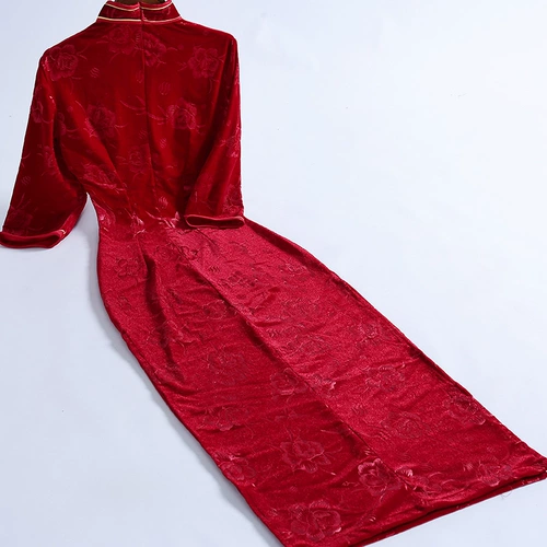 Красное демисезонное ципао, ретро длинное платье для невесты, 2020 года