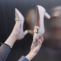 High heels women 2021 New Autumn Spring and Autumn British Joker thick heels pointed Middle heel small leather shoes single shoes White