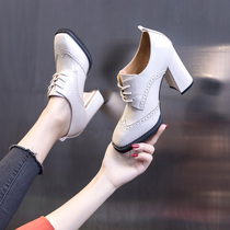 High-heels womens shoes 2021 New Autumn Spring and Autumn Joker heels small leather shoes British style square head single shoes Middle heel