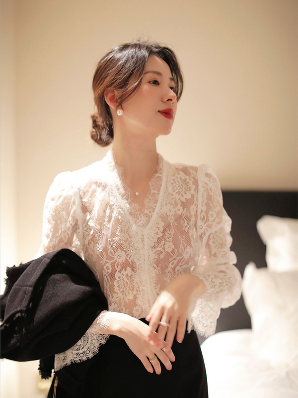 European-Style Lace Base Shirt, Light Luxury Cardigan Jacket for Women, Versatile Shirt with Straps, Niche Long-Sleeve Top