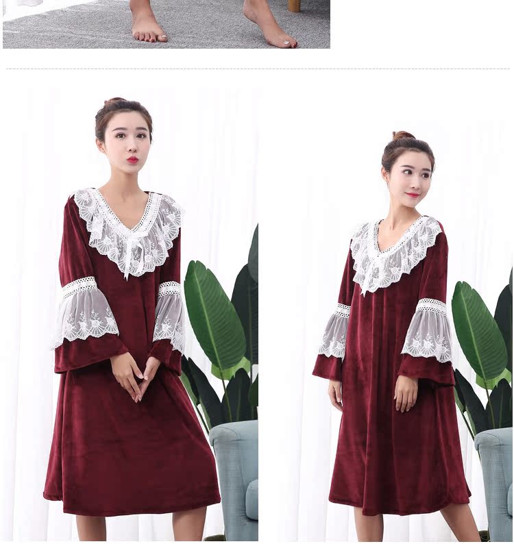Phiên bản Hàn Quốc của tòa án ren đôi đồ ngủ nhung nữ XL váy ngủ mùa đông dài bà bầu lỏng áo choàng váy thu đông đẹp