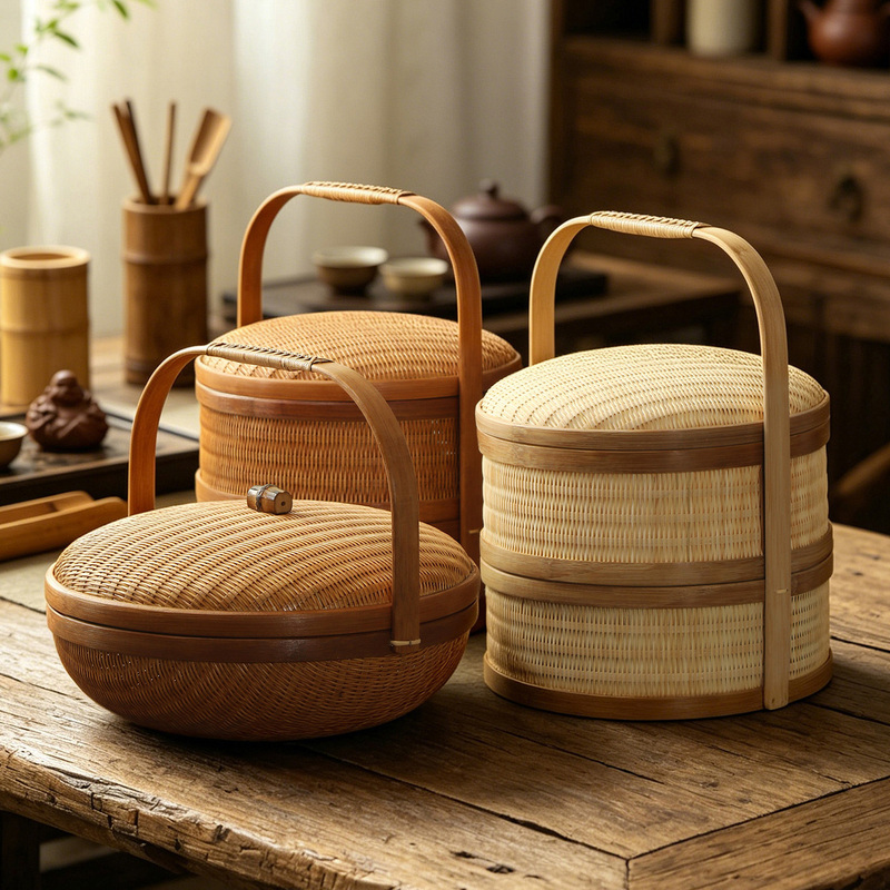 Bamboo Woven Carrying Box, Bamboo Woven Hand Basket, Round Storage Box, Double-Layer Portable Woven Food Box, Lunch Basket
