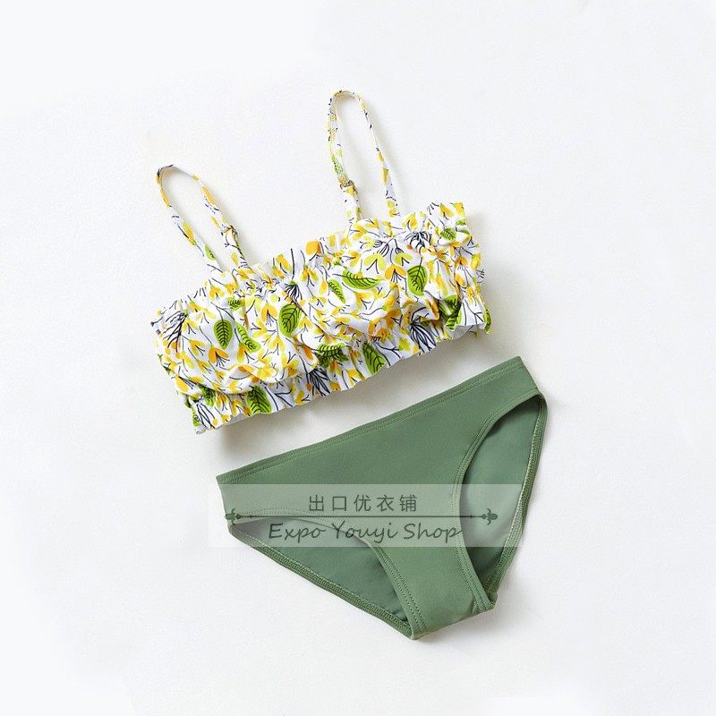 (fresh and small crummy green pants) 8-16-year-old girl's split-breasted bikini swimsuit adjustable shoulder strap-Taobao