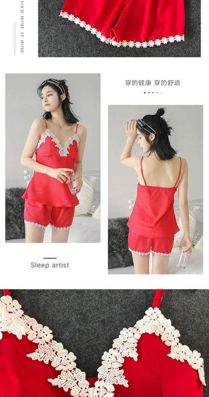 Sling pyjama nữ mùa hè sexy hai mảnh phù hợp với lụa băng phần mỏng với dịch vụ nhà độn ngực có thể đi ra ngoài lụa mô phỏng - Cha mẹ và con