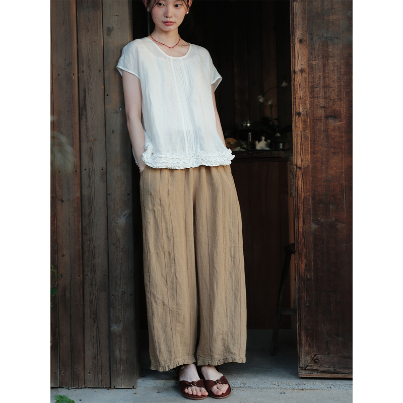 Say and Listen to the Mountains「Latte」100% Linen Yarn-Dyed Striped Elastic Waist Balloon Casual Pants for Women in Summer Ls95031 Say and Listen to the Mountains「Latte」100% Linen Yarn-Dyed Striped Elastic Waist Balloon Casual Pants for Women in Summer Ls95031