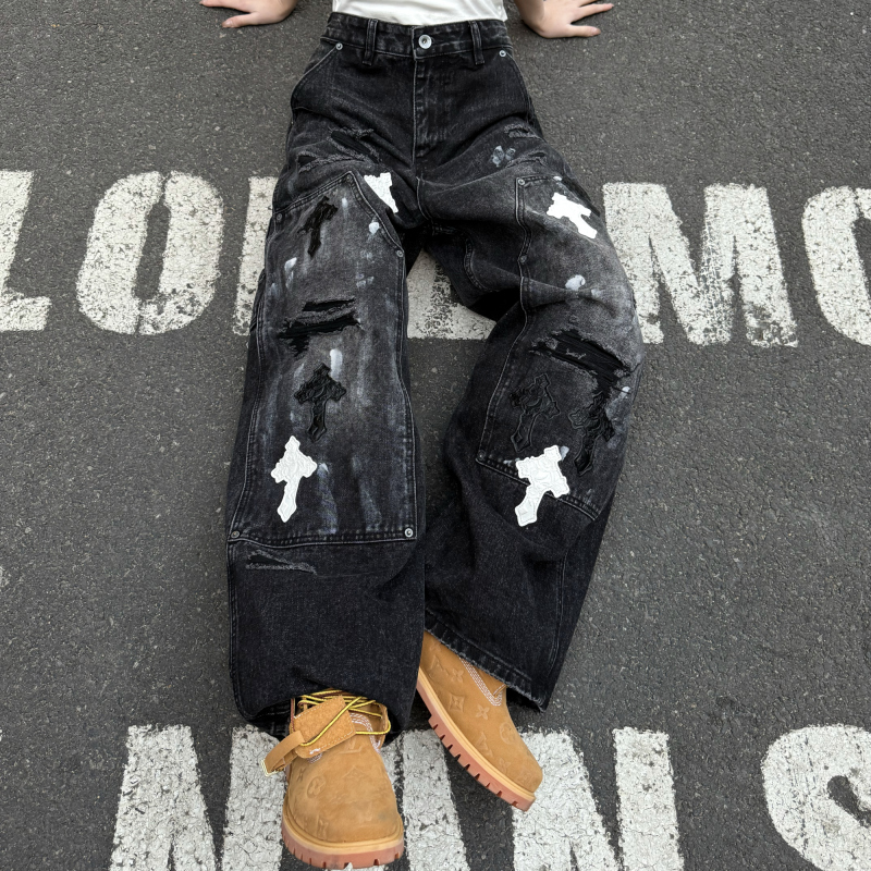 New Trendy Brand Loose Straight Black Washed Fake Ripped Jeans New Trendy Brand Loose Straight Black Washed Fake Ripped Jeans