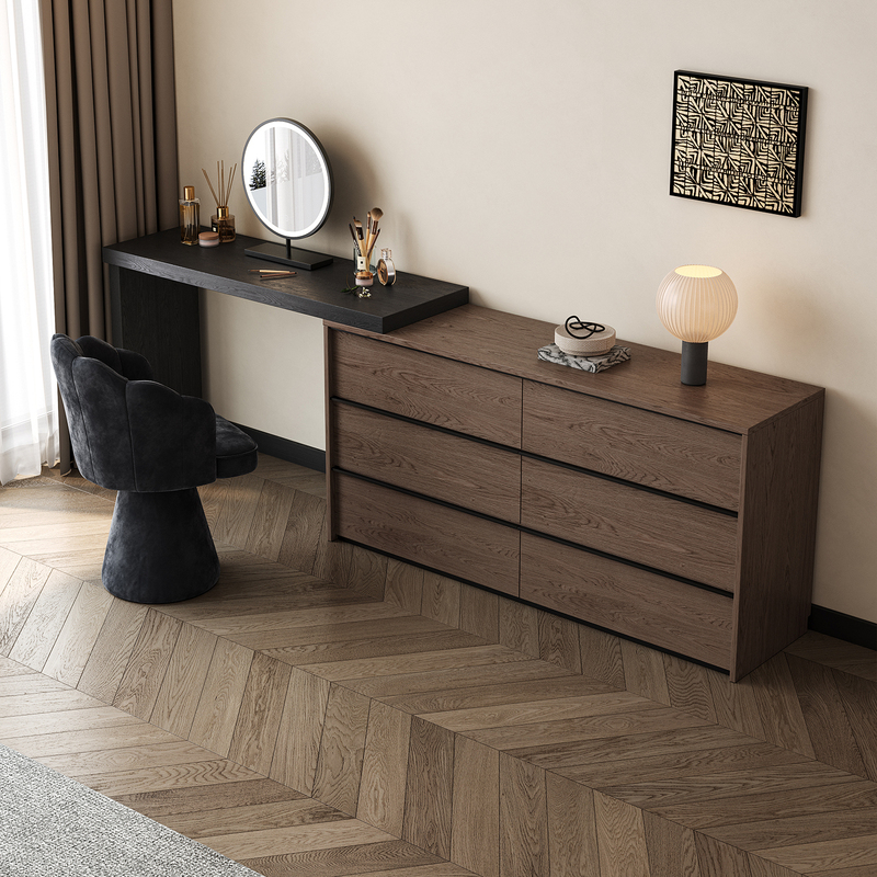 One-Piece Dressing Table, Italian Minimalist Style, Egger Same Color Six-Drawer Cabinet, Integrated Solid Wood Storage, Extendable Makeup Table at the Foot of the Bed