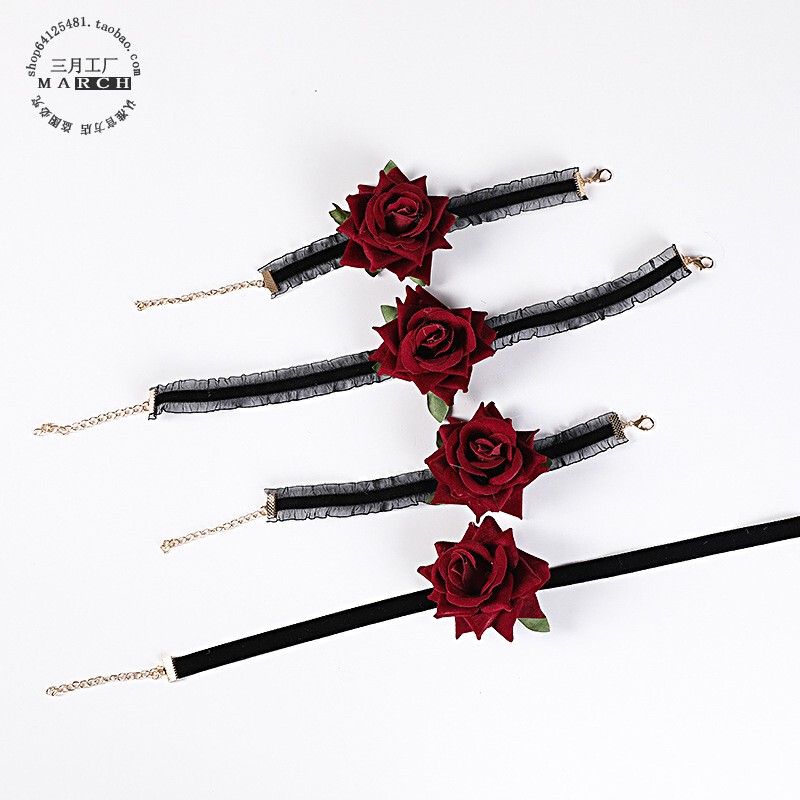 Lolita Handmade Rose Choker, Same Style as Wine Red Rose Flower Necklace, Short Neck Chain, Clavicle Chain, Necklace, Bracelet Lolita Handmade Rose Choker, Same Style as Wine Red Rose Flower Necklace, Short Neck Chain, Clavicle Chain, Necklace, Bracelet