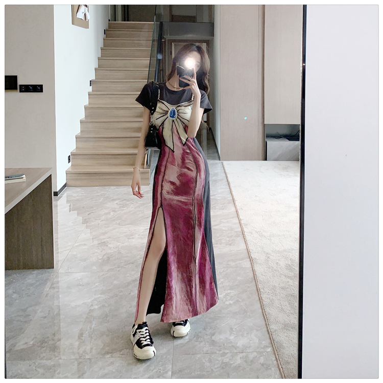 Tall Girl with Extra-Long Legs, Cute Hand-Painted Print, Bow, Pearl, Faux Two-Piece, Slit T-Shirt Dress for Summer