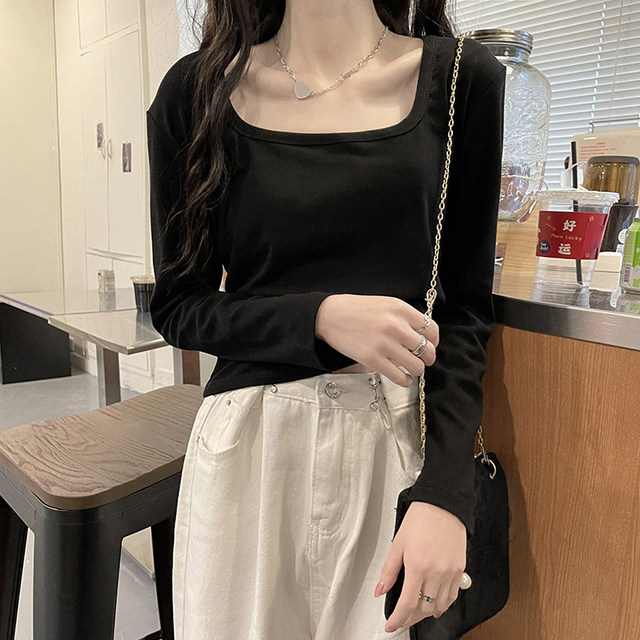 Small square collar short T-shirt women's 2022 spring new loose long-sleeved white bottoming shirt top