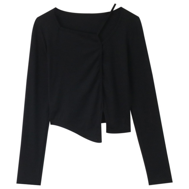 Irregular long-sleeved T-shirt women's spring 2022 new short style design small inner bottoming shirt black top