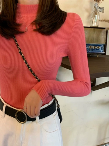 Приятный телу трикотажный свитер, лонгслив, осенний, 2024 года, высокий воротник, в обтяжку