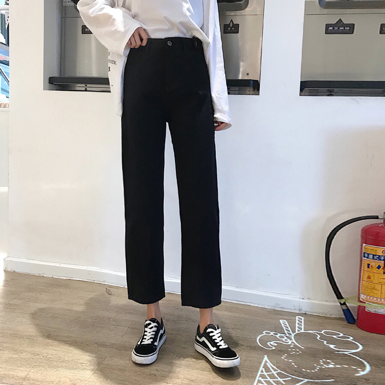 Mùa xuân 2018 mới của phụ nữ phiên bản Hàn Quốc của quần jean lửng mỏng eo cao retro quần thẳng ống rộng quần dài chín quần quần jean rách nữ