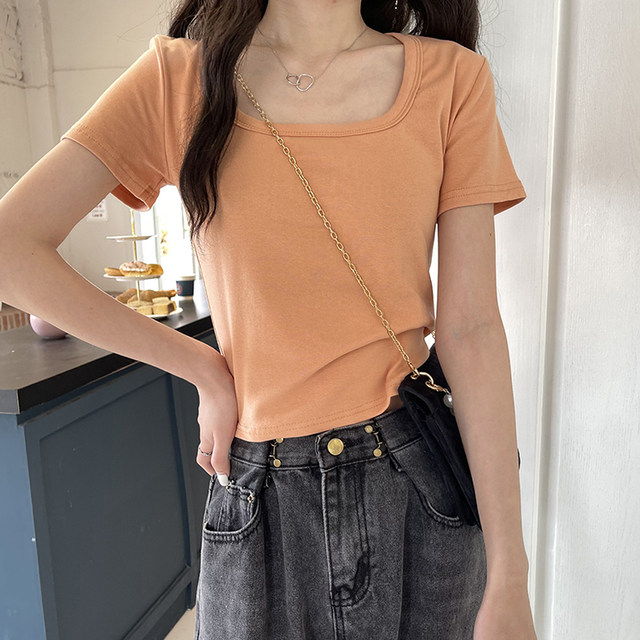 Square neck cotton t-shirt short sleeve 2022 new women's summer solid color short slim body clothes hot girl wind ins tide