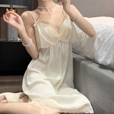 taobao agent Thin sexy suspender nightdress summer 2022 new pure desire sweet lace bows, chest pad dress female