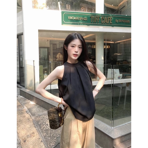 Летняя модная дизайнерская синяя рубашка без рукавов с круглым воротником, тренд сезона