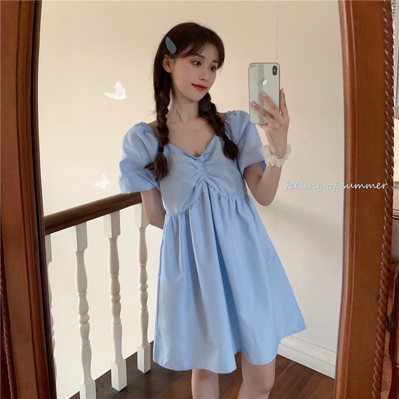 Blueblue skirt female summer 2021 new pattern Sweet V-neck Close your waist Show thin Bomb Street Age reduction Bubbles Short sleeve Dress