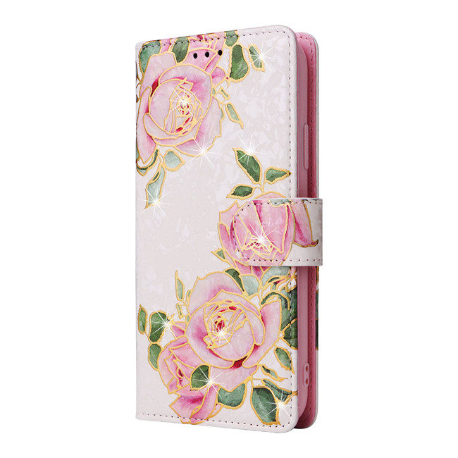 Charming Glitter Pastel Floral Print Folio Wallet Stand Phone Case