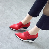 Spring autumn pointed deep mouth waterproof bench High heel Shoe woman thick bottom slopes heel Single shoe woman One foot pedal sloppy shoeshoe leather shoes
