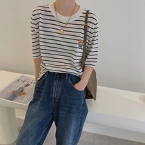 Round neck cartoon bear fine wool soft striped sweater womens autumn new slim pullover short sleeve top