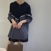 Striped Contrast Splice Striped Shirt Hooded Drawstring Wool Knit Women Korean Autumn Season Loose Sweater