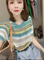 Korean autumn round neck slim soft fine wool hollow out color striped short sleeve knit shirt short sleeve pullover top
