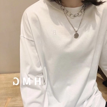 2021 autumn new round neck embroidery letter White loose T-shirt women stacked with solid color wild top base shirt