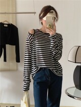 2022 Summer new round collar thin foreign air striped open-shoulder embroidery T letters long sleeve T-shirt sunscreen
