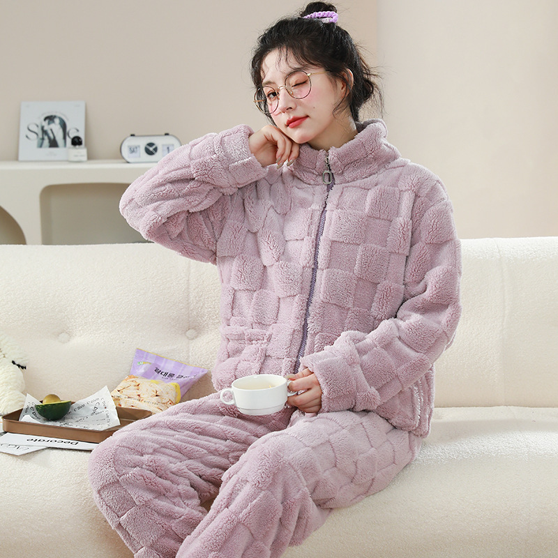 Women's Coral Fleece Pajamas, Winter Thickened Ribbed Warm Flannel Cardigan Loungewear Set, Can Be Worn Outside in Winter Women's Coral Fleece Pajamas, Winter Thickened Ribbed Warm Flannel Cardigan Loungewear Set, Can Be Worn Outside in Winter