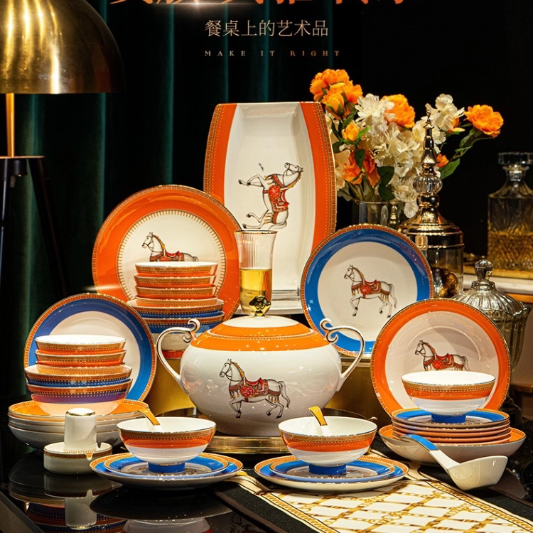 Jingdezhen High-End Bone China Dinnerware Set, Light Luxury European-Style Hermes Bowls and Plates, Complete Set for Home Use, Housewarming Gift