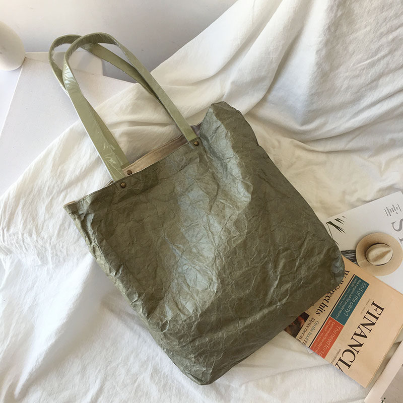 Retro Japanese-Style Waterproof Kraft Paper Tyvek Tote, Large Canvas-Lined Shoulder Bag - Thumbnail 3