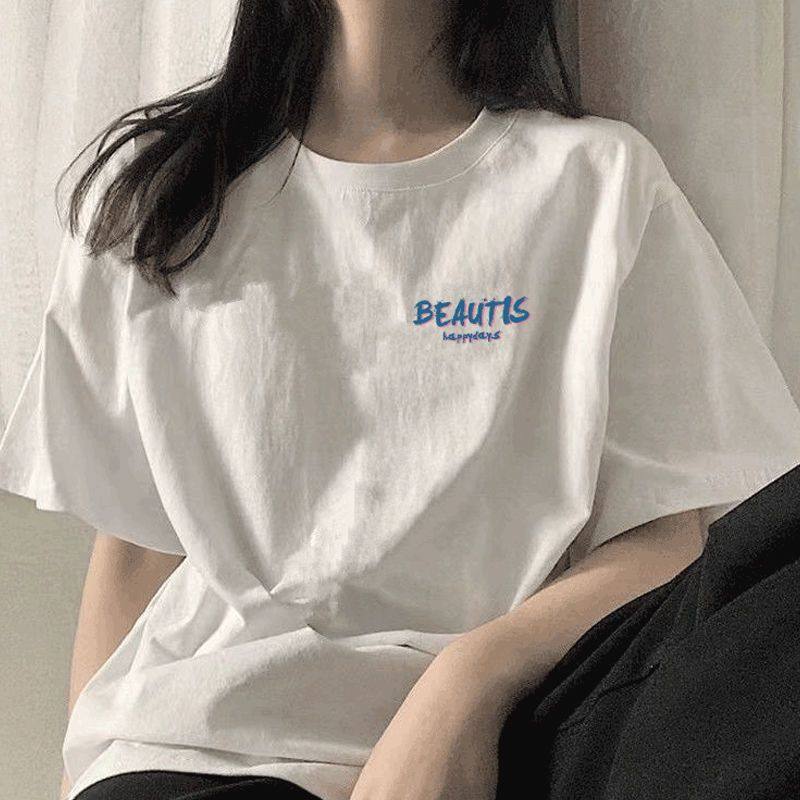 100% Pure Cotton Short-Sleeved T-Shirt for Male and Female Students, Simple American Style Retro Loose Ins Couple Wear Summer Tops and T-Shirts