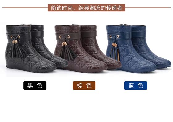 Kéo lại ủng đi mưa cho nữ ống mùa thu đông cộng với nhung thời trang Hàn Quốc dành cho người lớn giày đi mưa ấm áp nêm với giày chống trượt cao su không thấm nước giày ủng đi mưa chính hãng