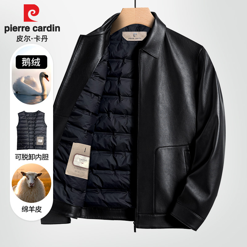 Pierre Cardin Haining Genuine Leather Men's Sheepskin Lapel Leather Jacket for Middle-Aged Business Men Spring and Autumn Coat