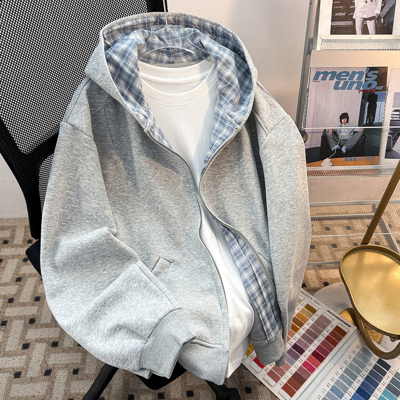 Japanese-Style Cleanfit Patchwork Hooded Cardigan Sweatshirt for Men, Spring and Autumn Plaid Loose Zipper Commuter Versatile Jacket