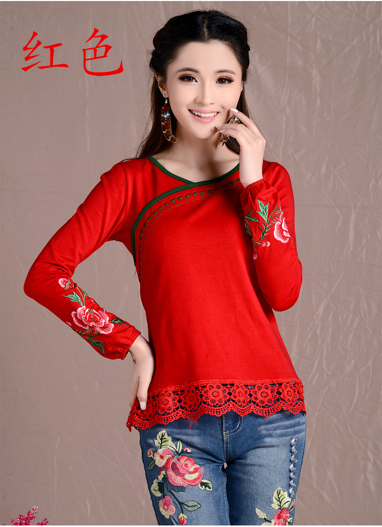 Mùa xuân mới thêu chim gió quốc gia thêu của phụ nữ đèn lồng tay áo áo sơ mi Trung Quốc phong cách dài tay t-shirt đáy áo phụ nữ áo phông có cổ nữ