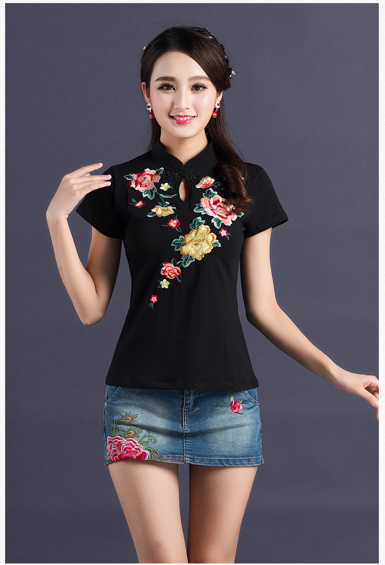Mùa hè mới gió quốc gia của phụ nữ mỏng thêu áo thun ngắn tay của phụ nữ Áo sơ mi chạm đáy Retro khóa nhỏ đứng cổ áo sơ mi - Áo phông áo phông nữ trắng