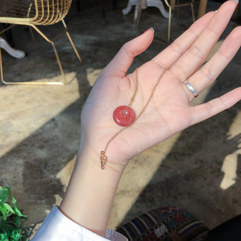 Meat Sajia Pure Natural Strawberry Crystal Safe Button ~ 14k Bag Gold Necklace Lock Bone Chain Adjustable Not To Fall Color Trick Flowers