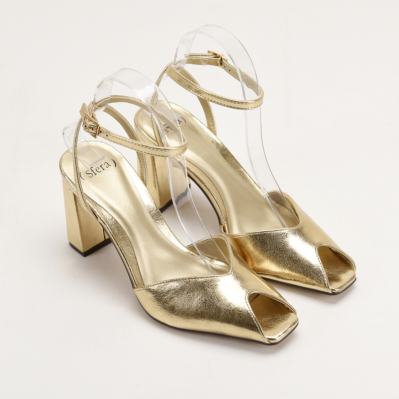 Internet-Famous Golden Crackle Pattern Spanish New Product Peep-Toe High Heels with a Stylish Square Toe and Sexy Chunky Heel Sandals for Women