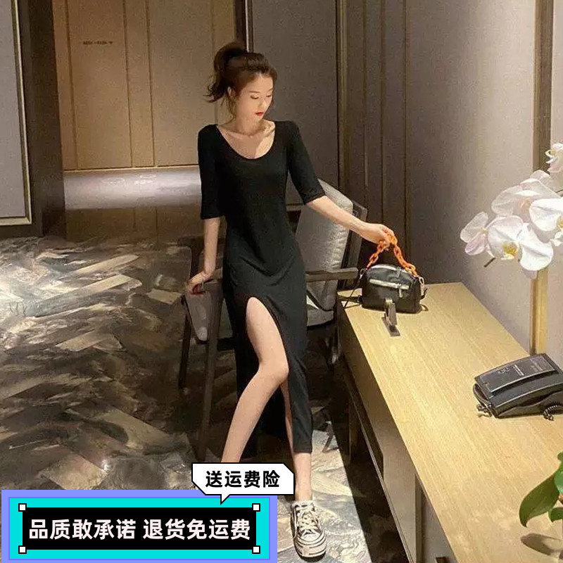 Modal New Black Slit Dress for Women, Summer Plus Size, Loose Fit, Slimming, Mid-Sleeve, Round Neck, Hepburn Style Long Dress, Spring