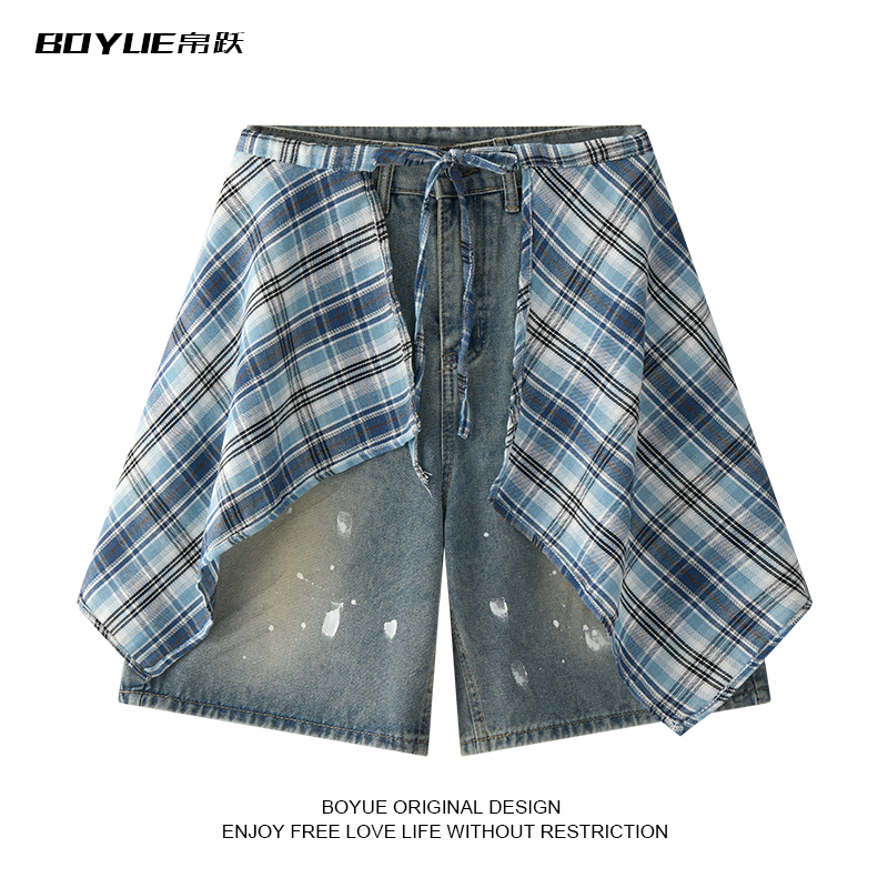 Boyue American-Style Plaid Denim Shorts with Ink-Splashed Design, Unique and Slimming Straight-Leg Five-Point Shorts for Men
