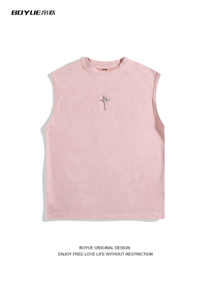 BOYUE帛跃美式麂皮绒背心甜酷无袖运动粉色潮牌外穿个性百搭T恤男
