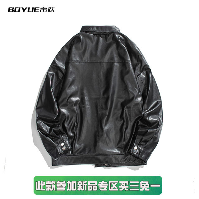 BOYUE silk jump diagonal zipper motor jacket leather jacket American street style handsome personality cityboy jacket Japanese retro